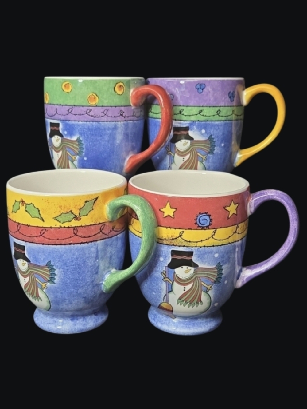 NIB- Sango- The Sweet Shoppe- Snowman Mug Set Of 4 - Blue, Green, Purple, Yellow